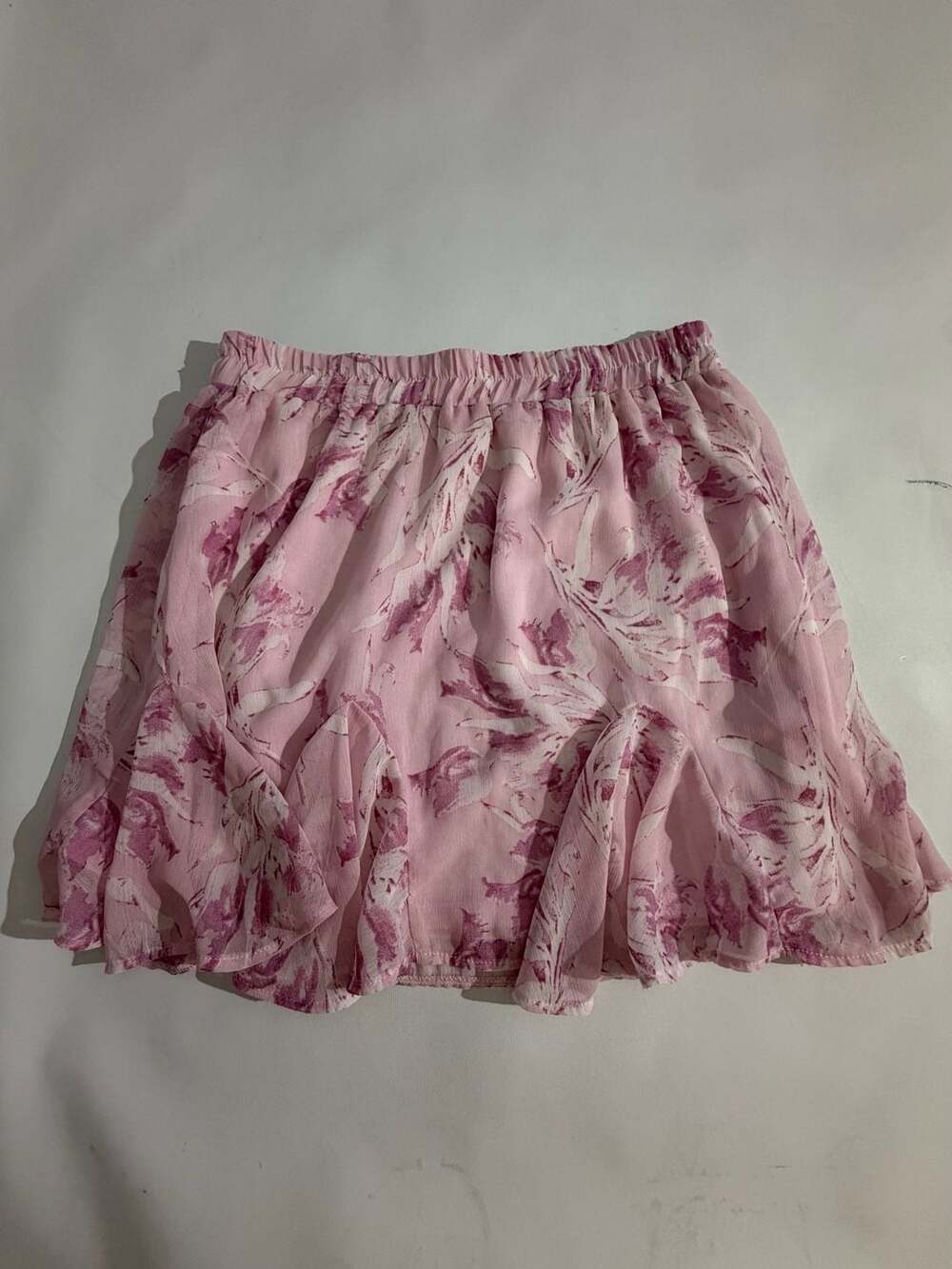 Pink Floral Flowy Ruffle Mini Skirt Lined Elastic Waist Womens S/M
